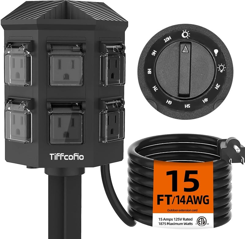 Tiffcofio Outdoor Power Strip Timer, Dusk to Dawn Light Sensor Countdown, 15 Feet Extension Cord Waterproof, 6 Grounded Outlets for Halloween and Christmas Decorations, ETL Listed - Image 1